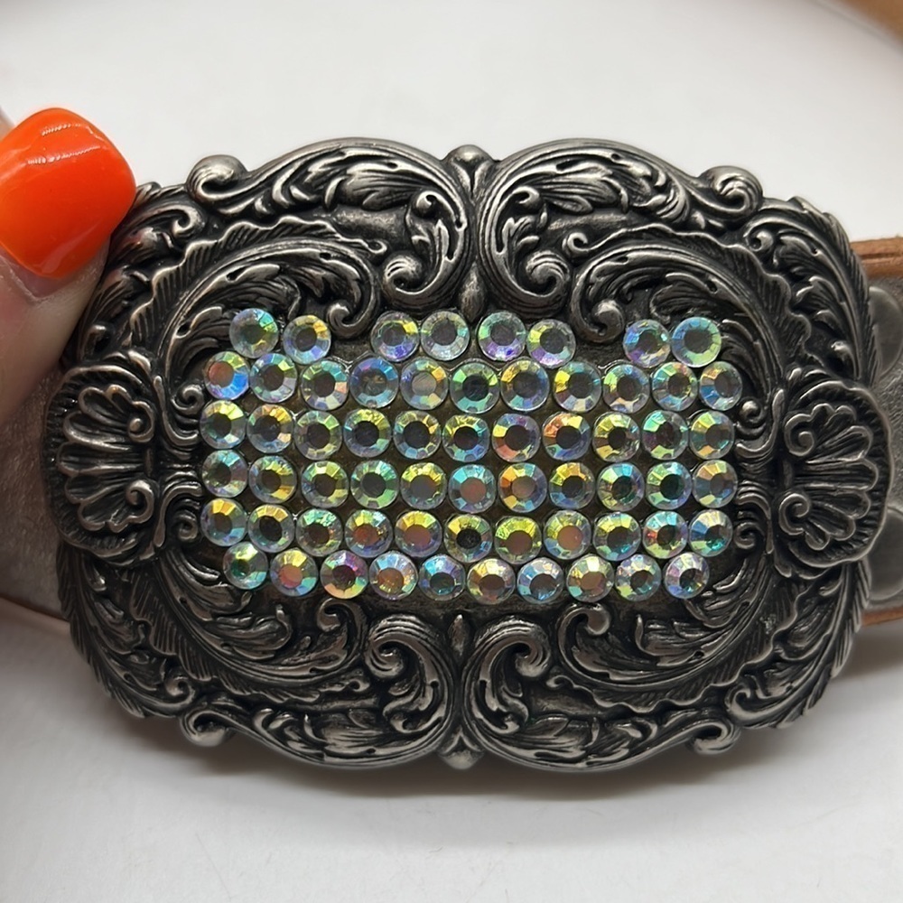 Fossil Silver Leather Belt with Bling Iridescent Rhinestone Buckle Sz L